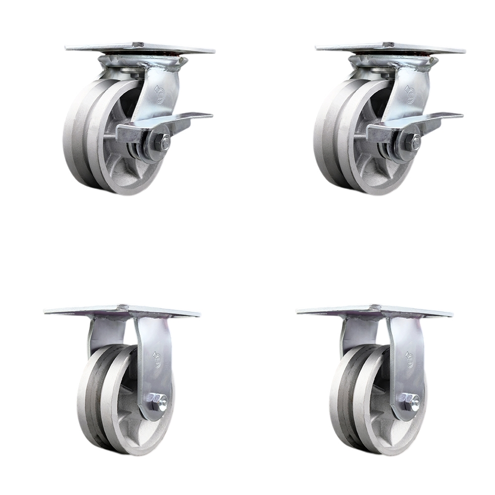 Heavy Duty Large Top Plate V Groove Semi Steel Swivel Caster w/Main. Free Bearings Set of 4 w/5" x 2" Silver Wheels - Includes 2 Swivel with Brakes & 2 Rigid -4400lbs Total Cpty - Service Caster Brand — photo 1