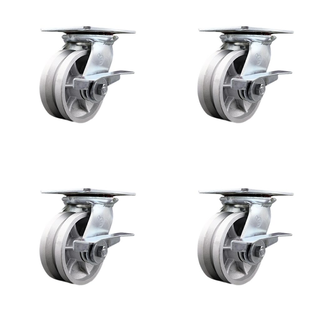 Heavy Duty Large Top Plate V Groove Semi Steel Swivel Caster Set of 4 w/5" x 2" Silver Wheels - Includes 4 Swivel w/Side Lck Brakes - 4400 lbs Total Capacity - Service Caster Brand — photo 1