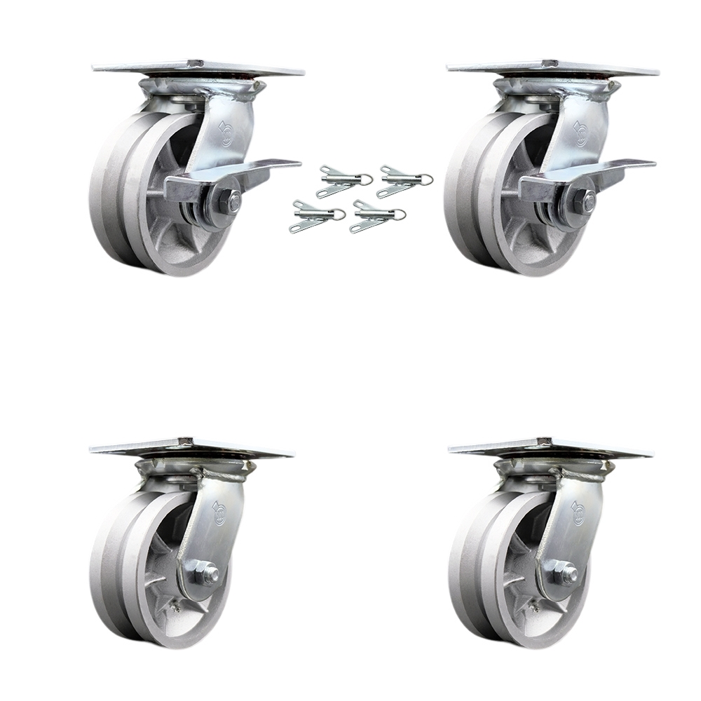 Heavy Duty Large Top Plate V Groove Semi Steel Swivel Caster Set 4 w/5" x 2" Silver Wheel-Includes 2 Swvl w/BRKs and Bolt on Swvl Lck&2 Swvl w/Bolt on Swvl Lck-4400lbs Total Cpty- Service Caster Brand — photo 1