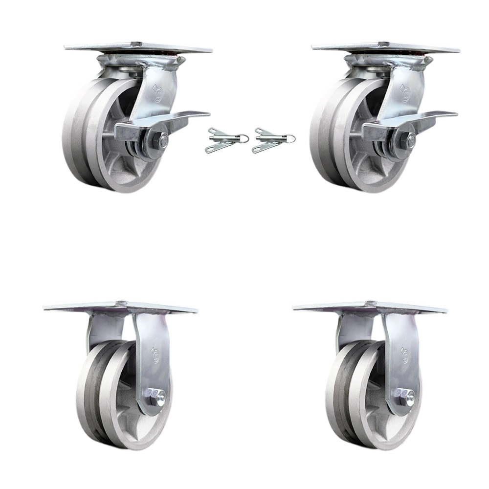Heavy Duty Large Top Plate V Groove Semi Steel Swivel Caster Set of 4 w/5" x 2" Silver Wheels - Includes 2 Swivel with Brakes and Bolt on Swivel Lcks&2 Rigid-4400 lbs Total Cpty - Service Caster Brand — photo 1