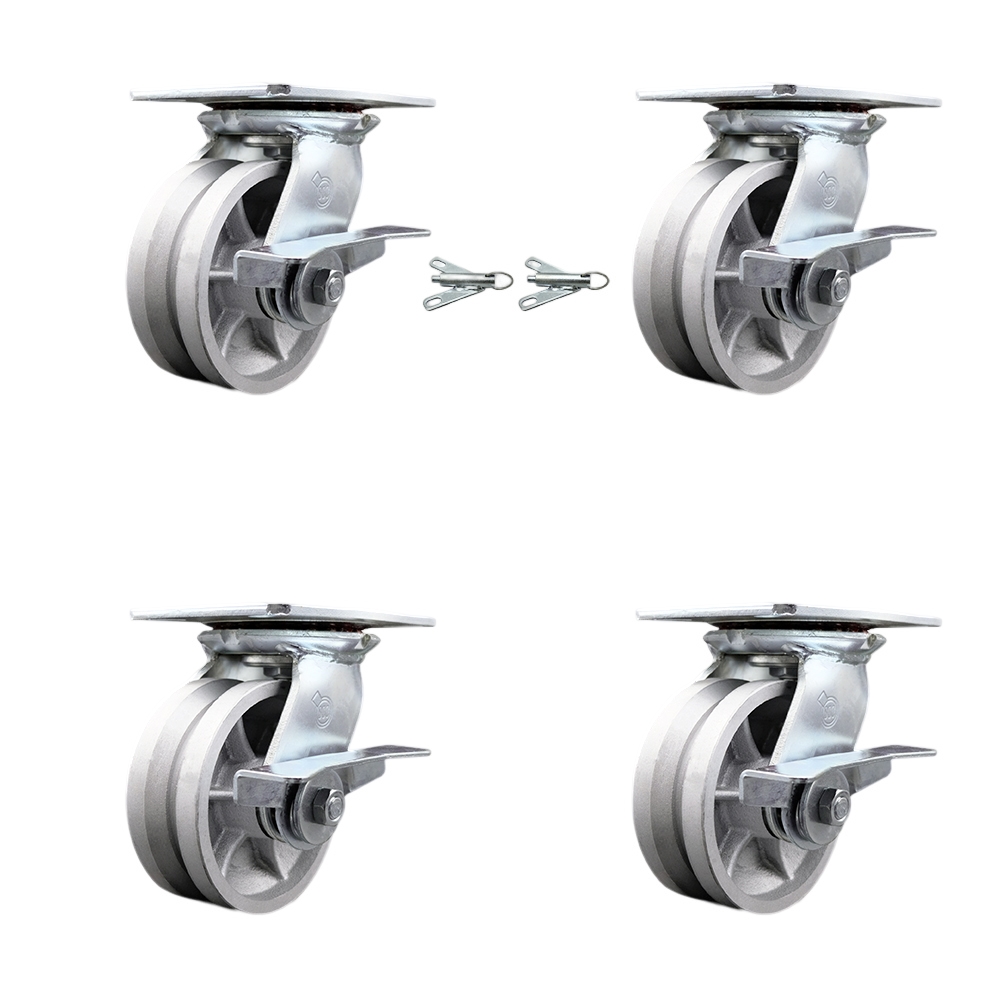 Heavy Duty Large Top Plate V Groove Semi Steel Swivel Caster Set 4 w/5" x 2" Silver Wheels-Includes 2 Swivel with Brakes and Bolt on Swvl Lcks&2 Swvl with Brake-4400lbs Total Cpty-Service Caster Brand — photo 1