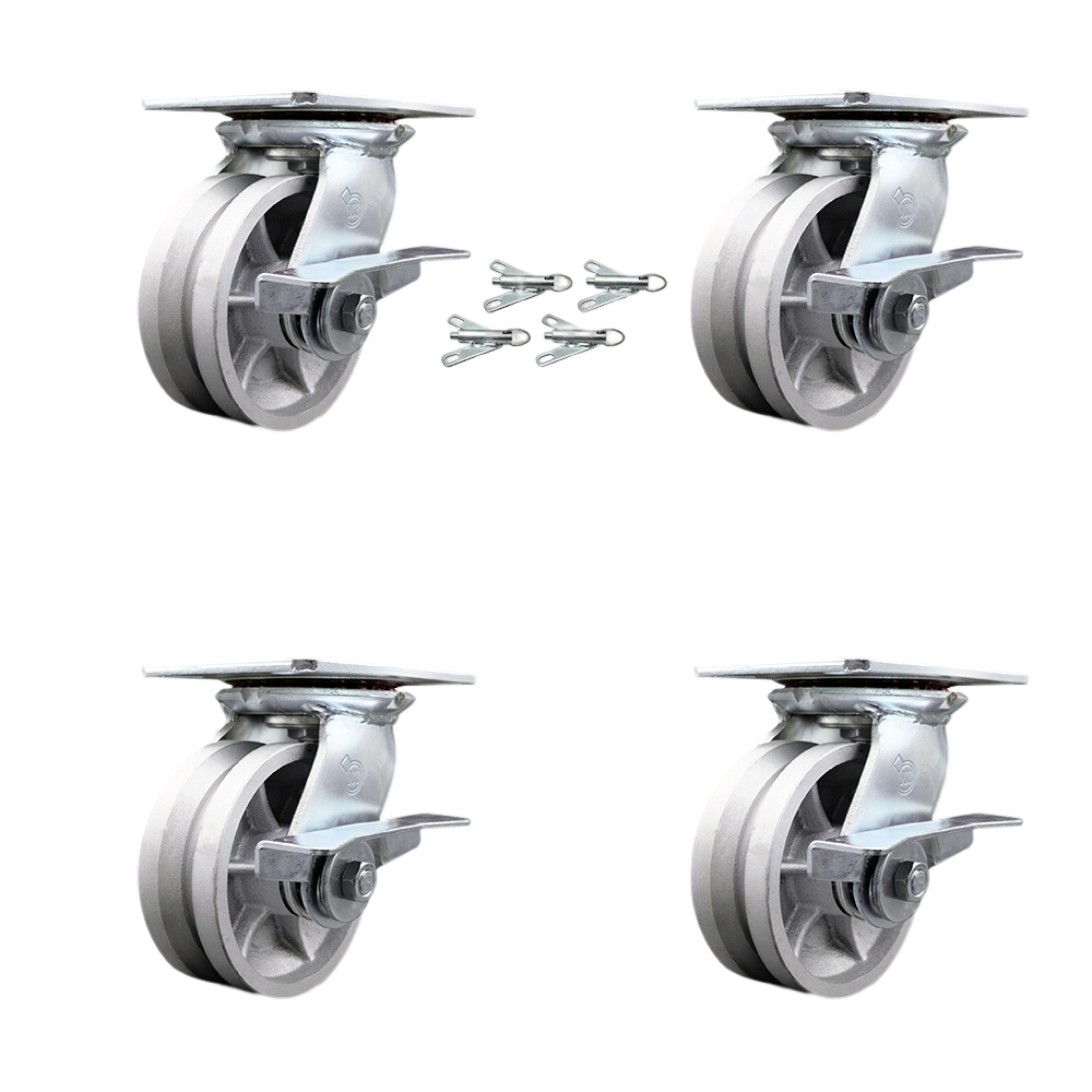 Heavy Duty Large Top Plate V Groove Semi Steel Swivel Caster Set of 4 w/5" x 2" Silver Wheels - Includes 4 Swivel w/Side Lck Brakes & Bolt on Swivel Locks-4400lbs Total Capacity - Service Caster Brand — photo 1