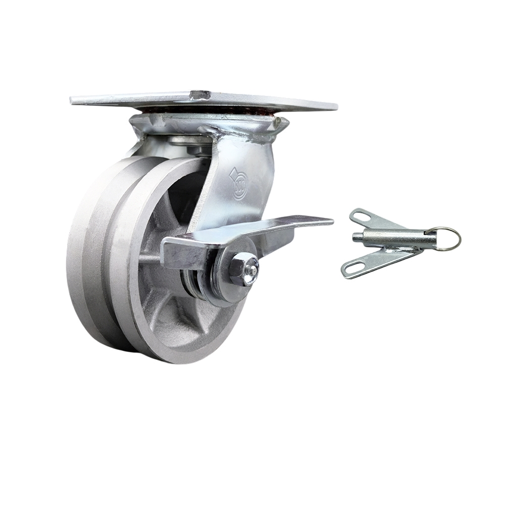 Heavy Duty Large Top Plate V Groove Semi Steel Swivel Caster w/Main. Free Bearings and 5" x 2" Silver Wheel & Side Lck Brake and Bolt on Swivel Lock - 1100 lbs Capacity/Caster - Service Caster Brand — photo 1