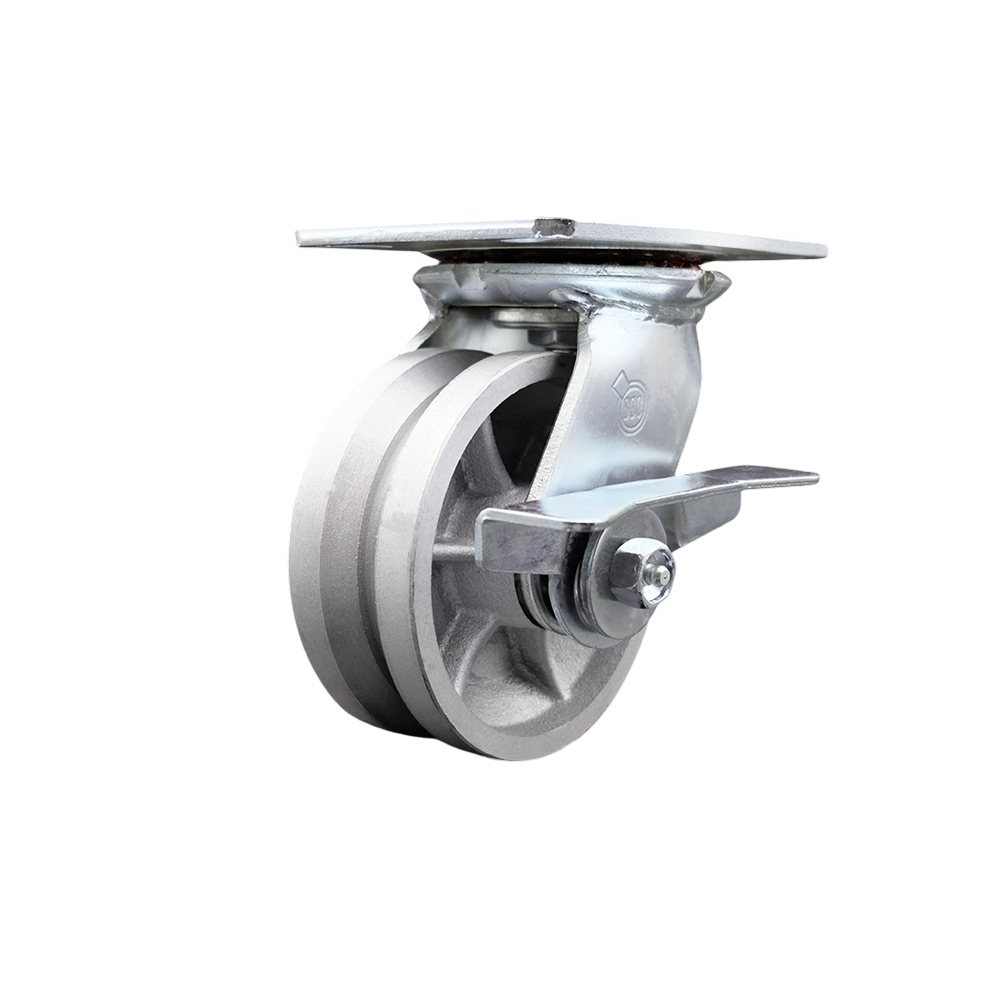 Heavy Duty Large Top Plate V Groove Semi Steel Swivel Caster w/5" x 2" Silver Wheel & Side Lck Brake - 1100 lbs Capacity/Caster - Service Caster Brand — photo 1