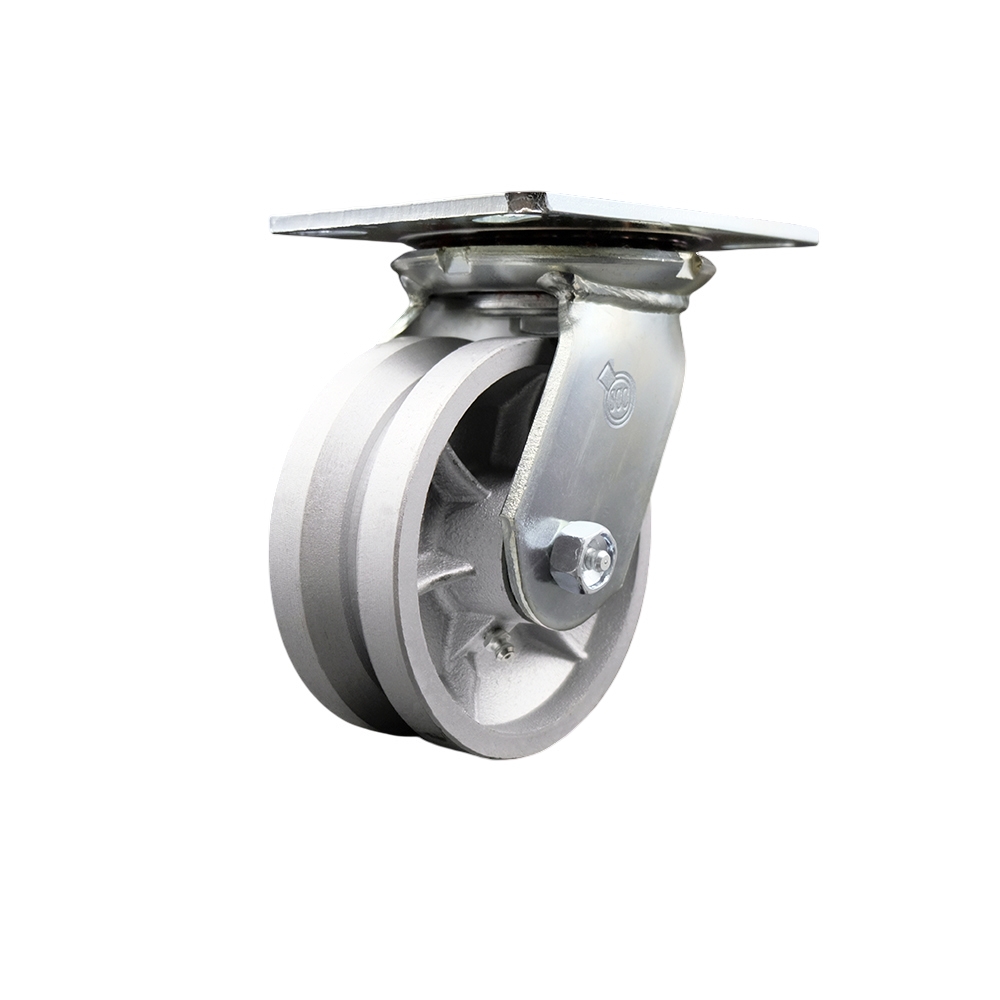 Heavy Duty Large Top Plate V Groove Semi Steel Swivel Caster w/Main. Free Bearings and 5" x 2" Silver Wheel - 1100 lbs Capacity/Caster - Service Caster Brand — photo 1