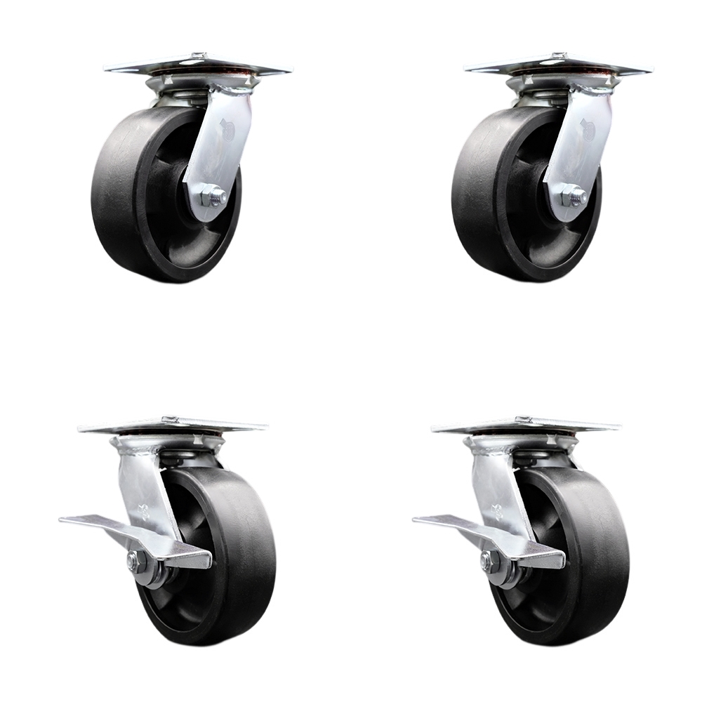 Heavy Duty Large Top Plate Glass Filled Nylon Swivel Caster Set of 4 w/6" x 2" Black Wheels - Includes 2 Swivel with Brakes & 2 Swivel - 6000 lbs Total Capacity - Service Caster Brand — photo 1