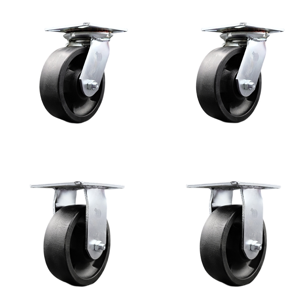 Heavy Duty Large Top Plate Glass Filled Nylon Swivel Caster w/Main. Free Bearings Set of 4  w/6" x 2" Black Wheels-Includes 2 Swvl with Bolt on Swvl Lck&2 Rigid-6000lbs Total Cpty-Service Caster Brand — photo 1