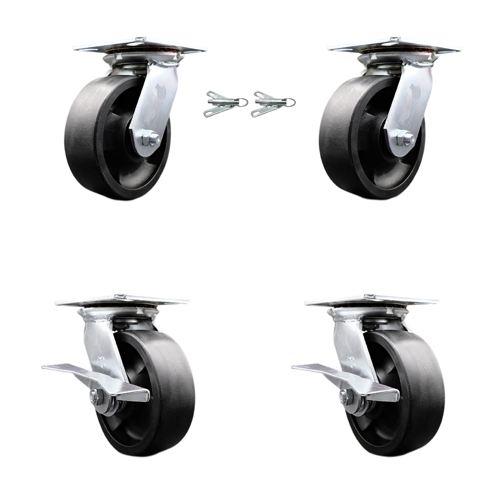 Heavy Duty Large Top Plate Glass Filled Nylon Swvl Caster w/Main. Free Bearing Set 4 w/6" x 2" Black Wheel-Includes 2 Swvl with Bolt on Swvl Lck&2 Swvl with BRK-6000lbs Total Cpty-Service Caster Brand — photo 1