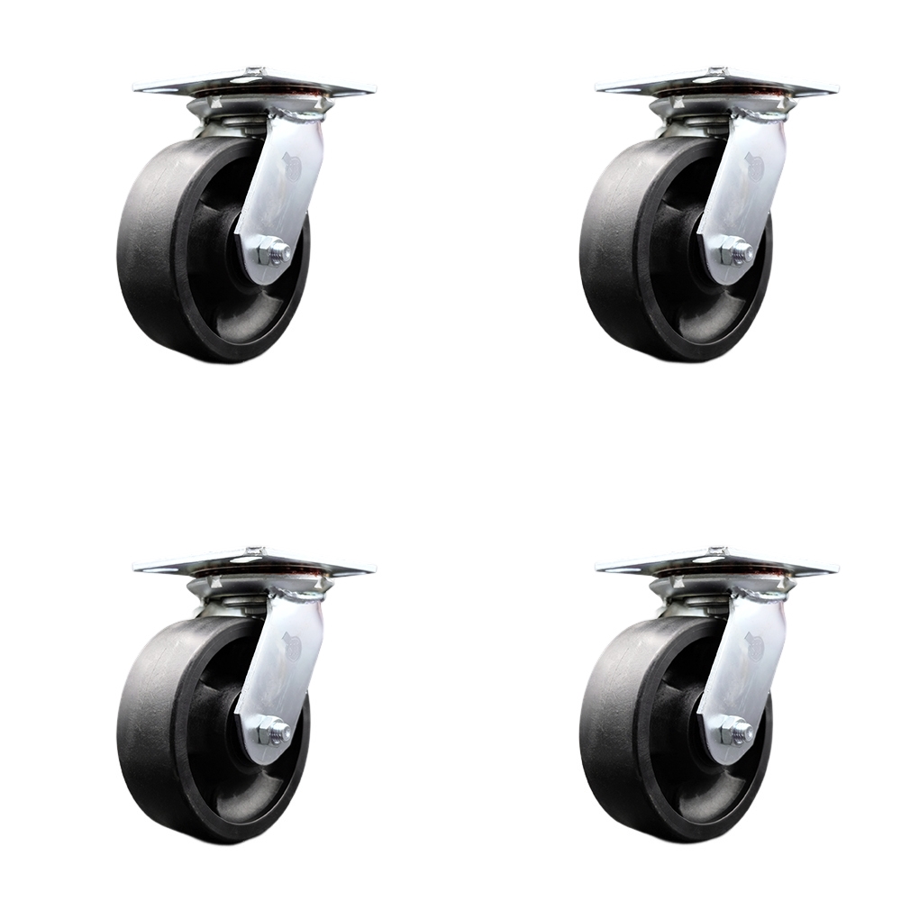Heavy Duty Large Top Plate Glass Filled Nylon Swivel Caster w/Main. Free Bearings Set of 4 w/6" x 2" Black Wheels - Includes 4 Swivel w/Bolt on Swivel Locks - 6000lbs Total Cpty - Service Caster Brand — photo 1