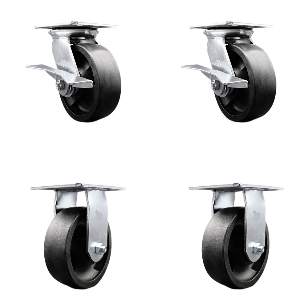 Heavy Duty Large Top Plate Glass Filled Nylon Swivel Caster w/Main. Free Bearings Set of 4 w/6" x 2" Black Wheels - Includes 2 Swivel with Brakes & 2 Rigid - 6000lbs Total Cpty - Service Caster Brand — photo 1