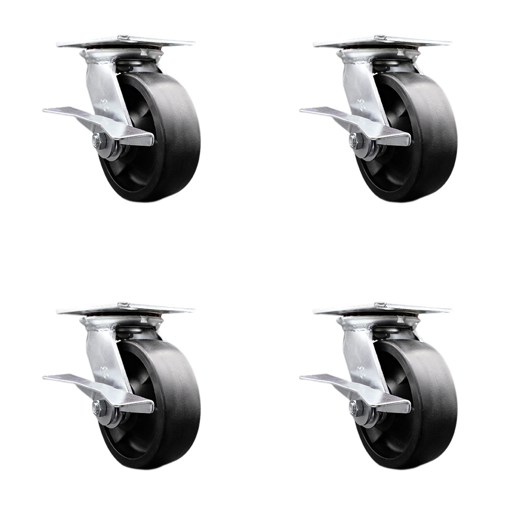 Heavy Duty Large Top Plate Glass Filled Nylon Swivel Caster w/Main. Free Bearings Set of 4 w/6" x 2" Black Wheels - Includes 4 Swivel w/Side Lock Brakes - 6000lbs Total Cpty - Service Caster Brand — photo 1