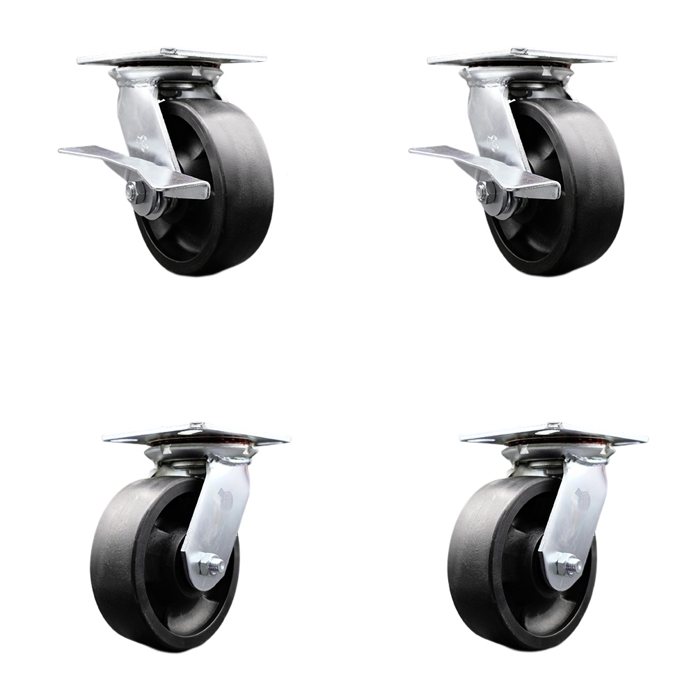 Heavy Duty Large Top Plate Glass Filled Nylon Swvl Caster w/Main. Free Bearings Set 4 w/6" Black Wheels-Includes 2 Swvl w/BRKs and Bolt on Swvl Lck& 2 Swvl w/Bolt on Swvl Lck - Service Caster Brand — photo 1