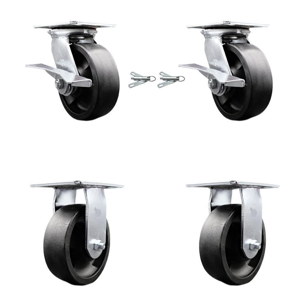 Heavy Duty Large Top Plate Glass Filled Nylon Swvl Caster w/Main. Free Bearing Set 4 w/6" x 2" Black Wheel-Includes 2 Swvl with BRKs and Bolt on Swvl Lck&2 Rigid-6000lb Total Cpty-Service Caster Brand — photo 1