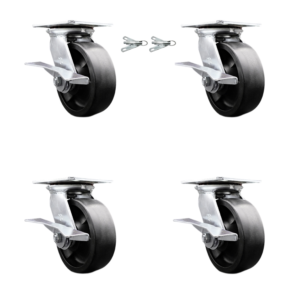 Heavy Duty Large Top Plate Glass Filled Nylon Swivel Caster w/Main. Free Bearings Set 4 w/6" x 2" Black Wheels-Includes 2 Swvl with Brakes and Bolt on Swvl Lcks&2 Swvl with Brakes-Service Caster Brand — photo 1