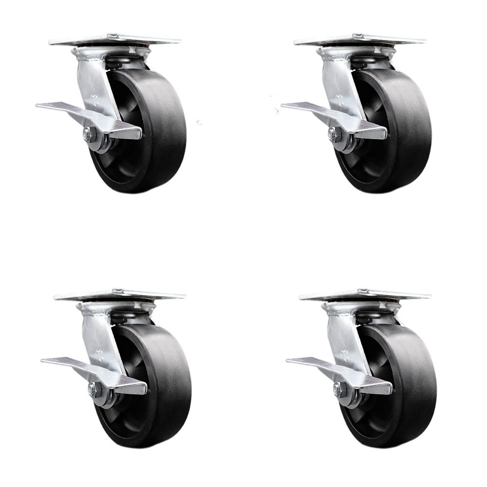 Heavy Duty Large Top Plate Glass Filled Nylon Swivel Caster w/Main. Free Bearings Set 4 w/6" x 2" Black Wheels-Includes 4 Swvl w/Side Lck Brake&Bolt on Swvl Lck-6000lbs Total Cpty-Service Caster Brand — photo 1