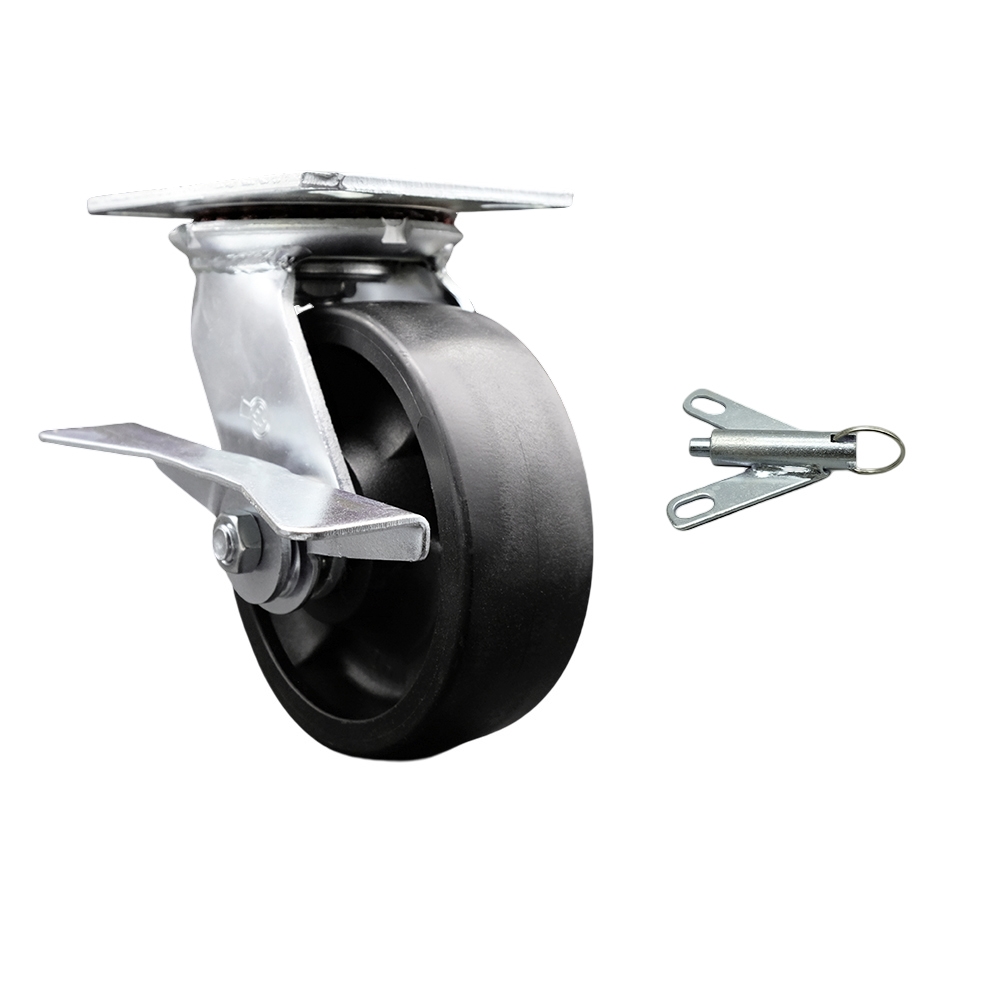Heavy Duty Large Top Plate Glass Filled Nylon Swivel Caster w/Main. Free Bearings and 6" x 2" Black Wheel & Side Lck Brake and Bolt on Swivel Lock - 1500 lbs Capacity/Caster - Service Caster Brand — photo 1