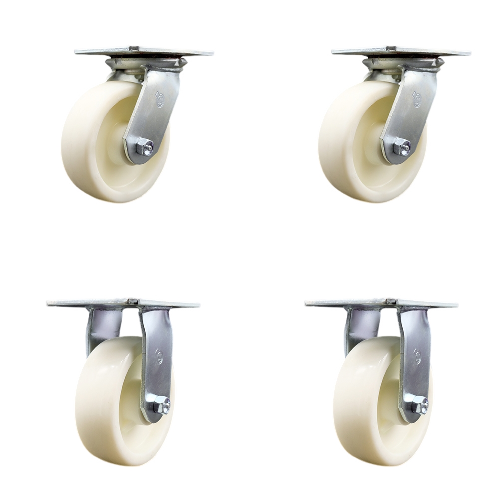Heavy Duty Large Top Plate Nylon Swivel Caster w/Main. Free Bearings Set of 4 w/6" x 2" White Wheels - Includes 2 Swivel & 2 Rigid - 5000 lbs Total Capacity - Service Caster Brand — photo 1