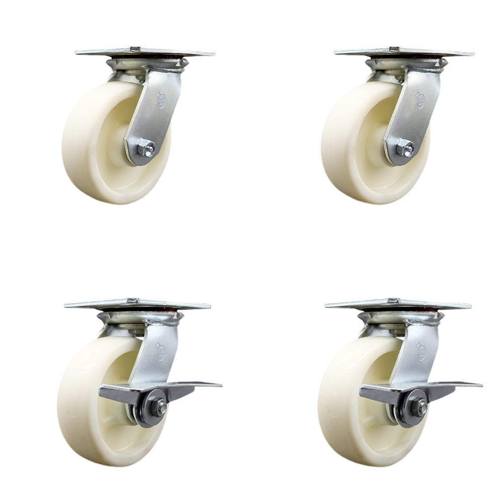 Heavy Duty Large Top Plate Nylon Swivel Caster w/Main. Free Bearings Set of 4 w/6" x 2" White Wheels - Includes 2 Swivel with Brakes & 2 Swivel - 5000 lbs Total Capacity - Service Caster Brand — photo 1