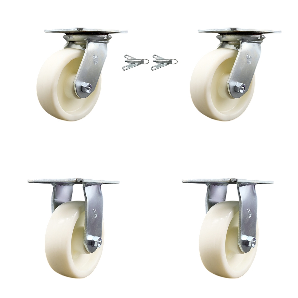 Heavy Duty Large Top Plate Nylon Swivel Caster w/Main. Free Bearings Set of 4 w/6" x 2" White Wheels - Includes 2 Swivel with Bolt on Swivel Locks & 2 Rigid - 5000lbs Total Cpty - Service Caster Brand — photo 1