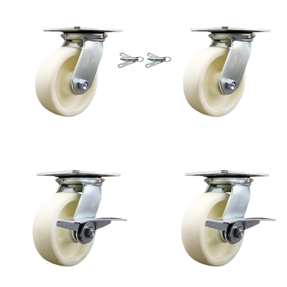 Heavy Duty Large Top Plate Nylon Swivel Caster w/Main. Free Bearings Set of 4 w/6" x 2" White Wheels-Includes 2 Swivel with Bolt on Swvl Lcks&2 Swvl with Brakes-5000lbs Total Cpty-Service Caster Brand — photo 1