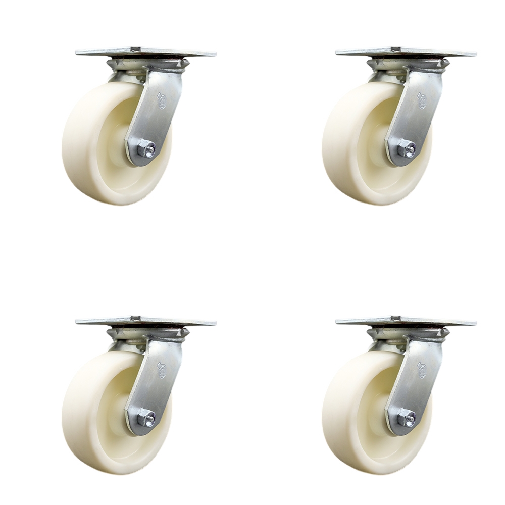 Heavy Duty Large Top Plate Nylon Swivel Caster w/Main. Free Bearings Set of 4 w/6" x 2" White Wheels - Includes 4 Swivel w/Bolt on Swivel Locks - 5000 lbs Total Capacity - Service Caster Brand — photo 1