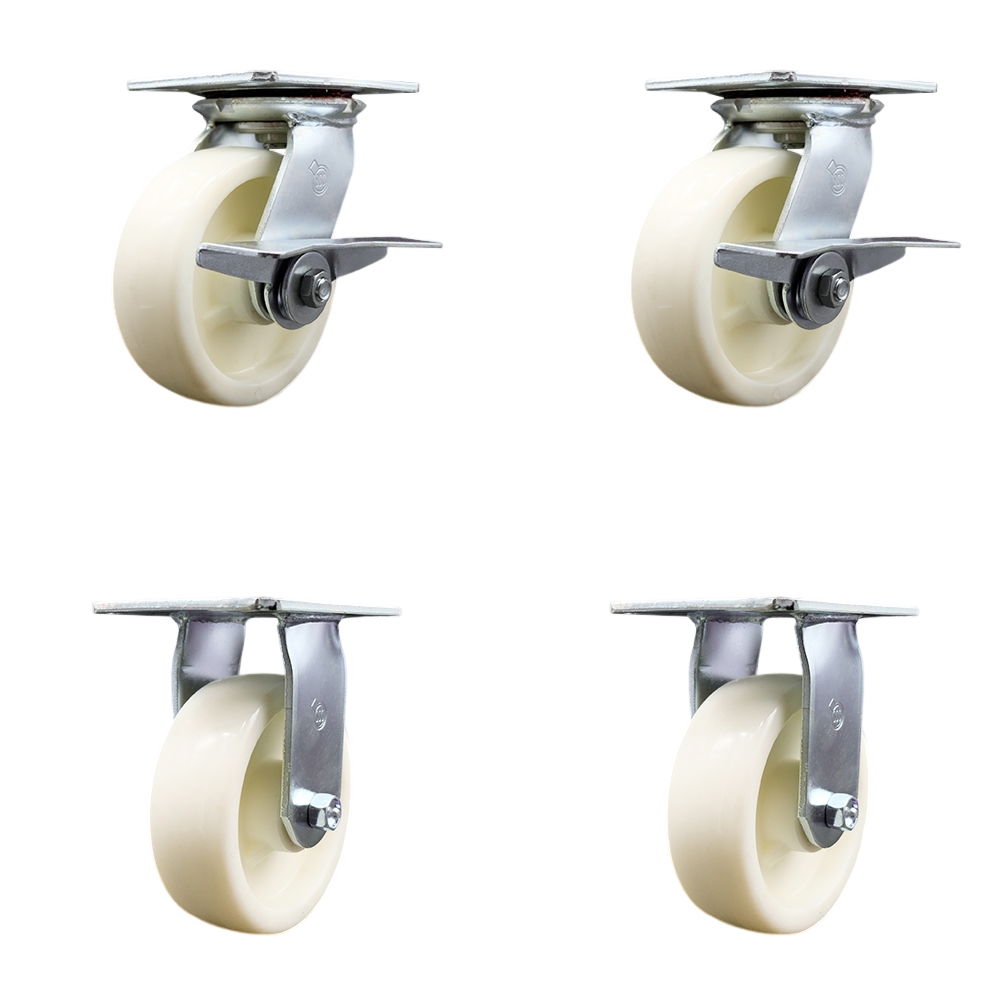 Heavy Duty Large Top Plate Nylon Swivel Caster w/Main. Free Bearings Set of 4 w/6" x 2" White Wheels - Includes 2 Swivel with Brakes & 2 Rigid - 5000 lbs Total Capacity - Service Caster Brand — photo 1