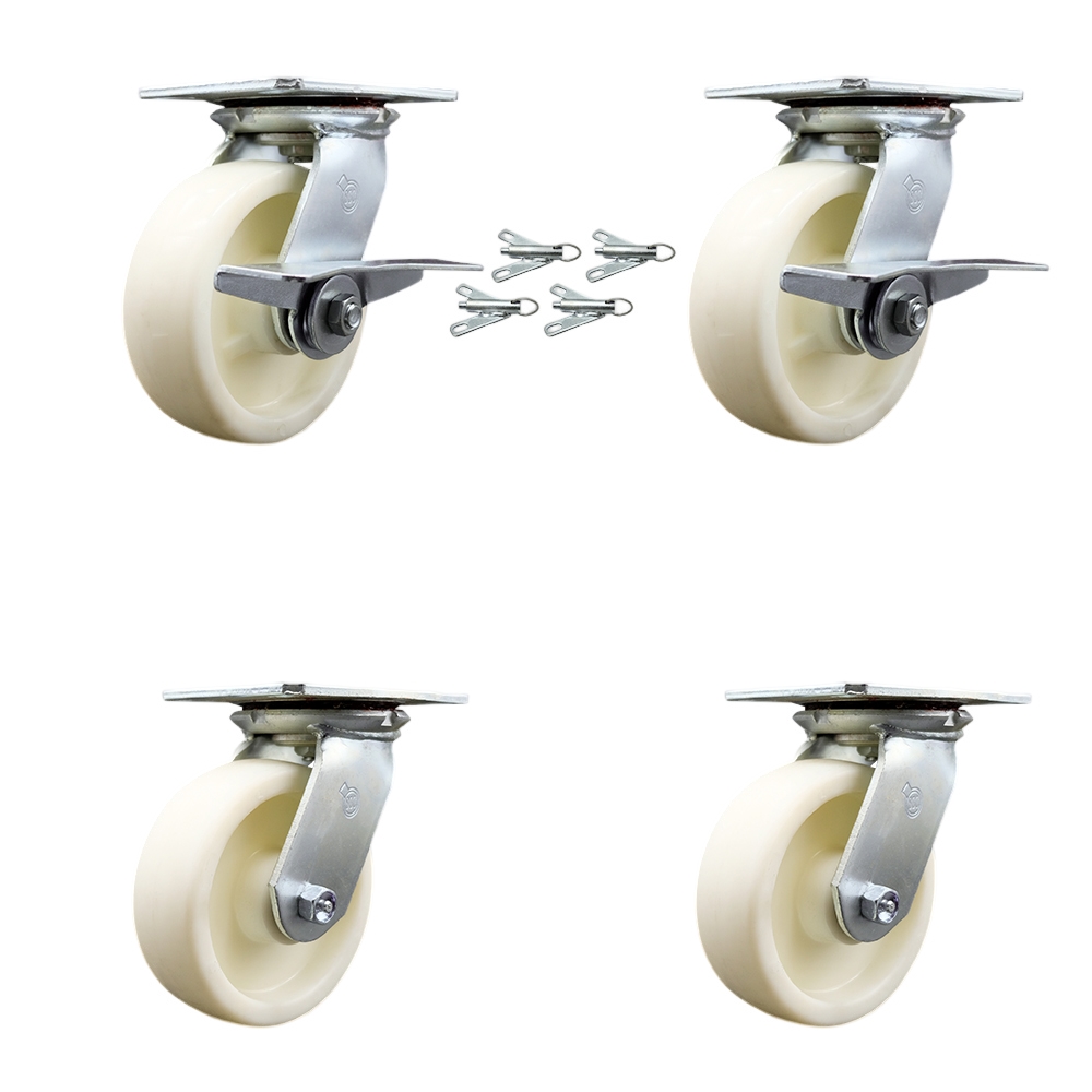 Heavy Duty Large Top Plate Nylon Swivel Caster w/Main. Free Bearings Set 4 w/6" x 2" White Wheels-Includes 2 Swvl w/Brakes and Bolt on Swvl Lcks& 2 Swvl w/Bolt on Swvl Lcks-Service Caster Brand — photo 1