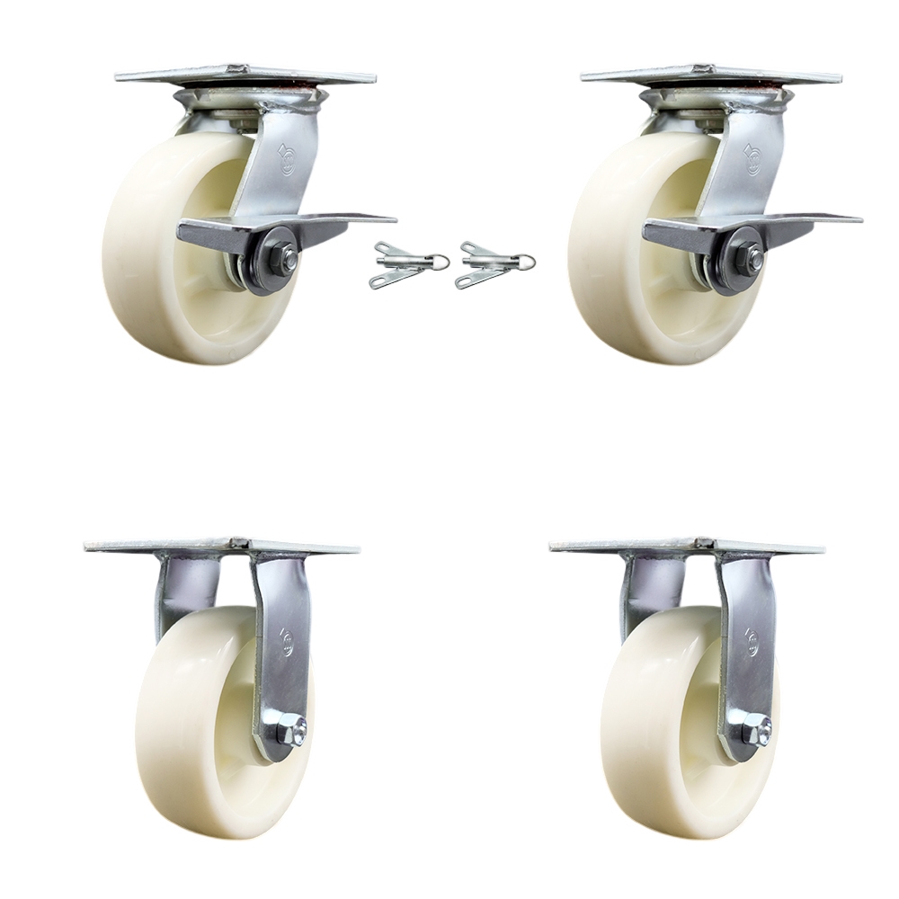 Heavy Duty Large Top Plate Nylon Swivel Caster w/Main. Free Bearings Set of 4 w/6" x 2" White Wheels - Includes 2 Swvl with Brakes and Bolt on Swvl Lcks&2 Rigid-5000lbs Total Cpty-Service Caster Brand — photo 1