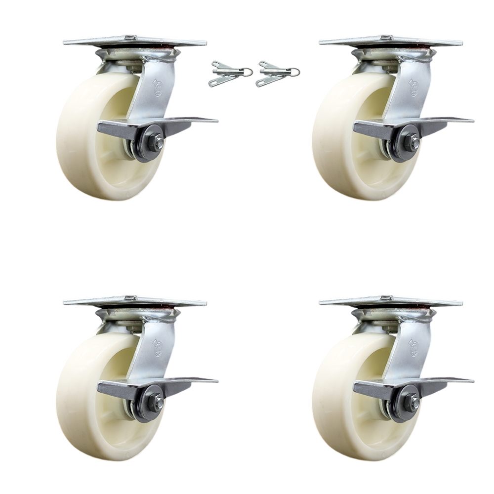 Heavy Duty Large Top Plate Nylon Swivel Caster Set 4 w/6" x 2" White Wheels-Includes 2 Swivel with Brakes and Bolt on Swivel Locks&2 Swivel with Brakes-5000 lbs Total Cpty-Service Caster Brand — photo 1