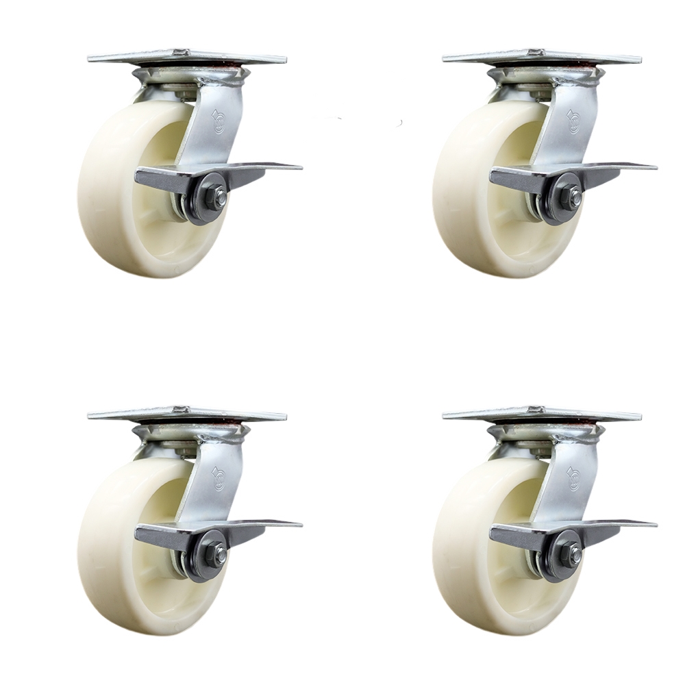Heavy Duty Large Top Plate Nylon Swivel Caster w/Main. Free Bearings Set of 4 w/6" x 2" White Wheels -Includes 4 Swivel w/Side Lck Brakes&Bolt on Swivel Locks-5000lbs Total Cpty - Service Caster Brand — photo 1