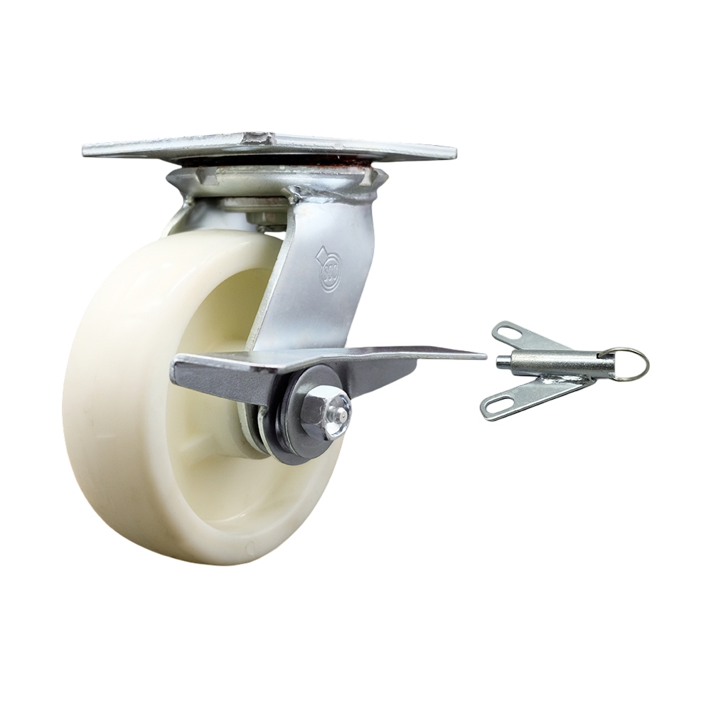 Heavy Duty Large Top Plate Nylon Swivel Caster w/6" x 2" White Wheel & Side Lck Brake and Bolt on Swivel Lock - 1250 lbs Capacity/Caster - Service Caster Brand — photo 1