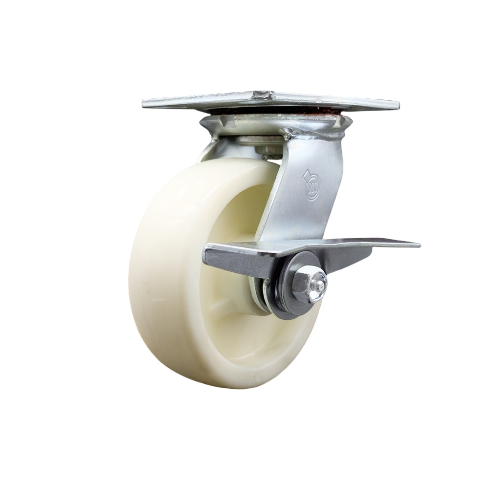 Heavy Duty Large Top Plate Nylon Swivel Caster w/6" x 2" White Wheel & Side Lck Brake - 1250 lbs Capacity/Caster - Service Caster Brand — photo 1