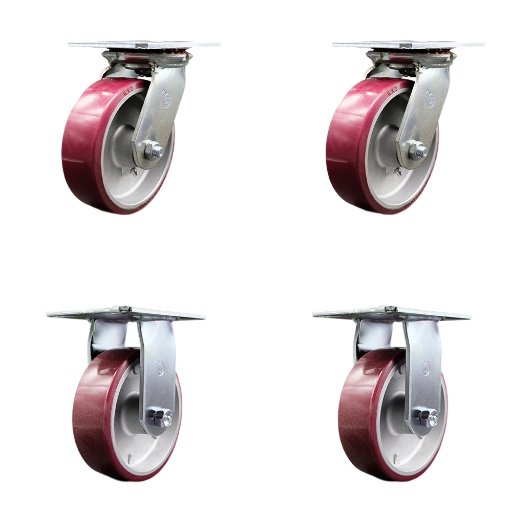 Heavy Duty Large Top Plate Polyurethane on Aluminum Swivel Caster w/Main. Free Bearings Set of 4 w/6" x 2" Maroon Wheels - Includes 2 Swivel & 2 Rigid - 4800 lbs Total Capacity - Service Caster Brand — photo 1