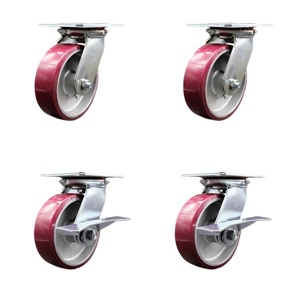 Heavy Duty Large Top Plate Polyurethane on Aluminum Swivel Caster Set of 4 w/6" x 2" Maroon Wheels - Includes 2 Swivel with Brakes & 2 Swivel - 4800 lbs Total Capacity - Service Caster Brand — photo 1