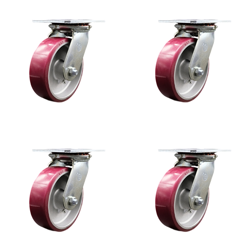 Heavy Duty Large Top Plate Polyurethane on Aluminum Swivel Caster Set of 4 w/6" x 2" Maroon Wheels - Includes 4 Swivel - 4800 lbs Total Capacity - Service Caster Brand — photo 1