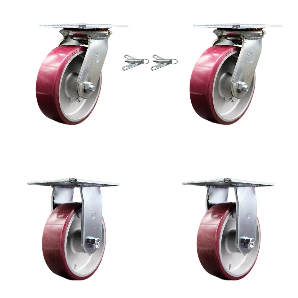 Heavy Duty Large Top Plate Polyurethane on Aluminum Swivel Caster w/Main. Free Bearings Set of 4 w/6" x 2" Maroon Wheels - Includes 2 Swivel with Bolt on Swivel Locks & 2 Rigid - Service Caster Brand — photo 1