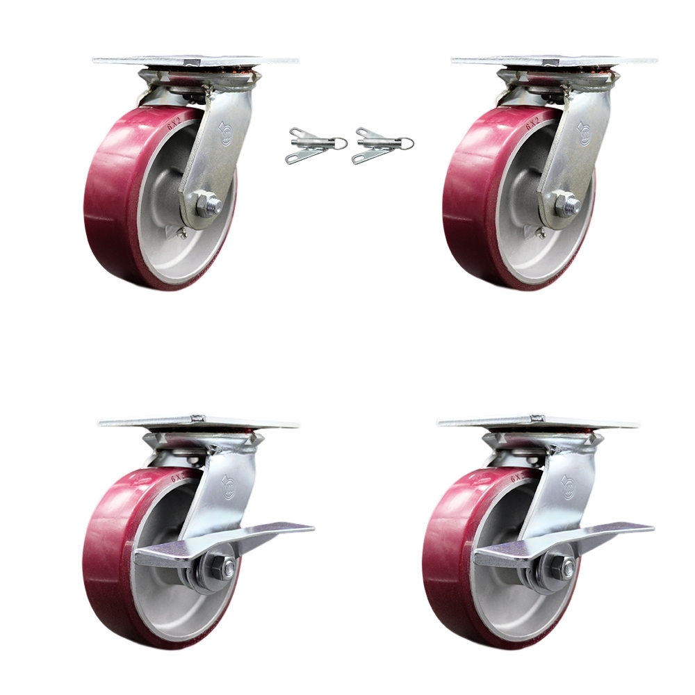 Heavy Duty Large Top Plate Polyurethane on Aluminum Swivel Caster Set of 4 w/6" x 2" Maroon Wheels-Includes 2 Swivel with Bolt on Swvl Lcks&2 Swvl with Brakes-4800lbs Total Cpty - Service Caster Brand — photo 1