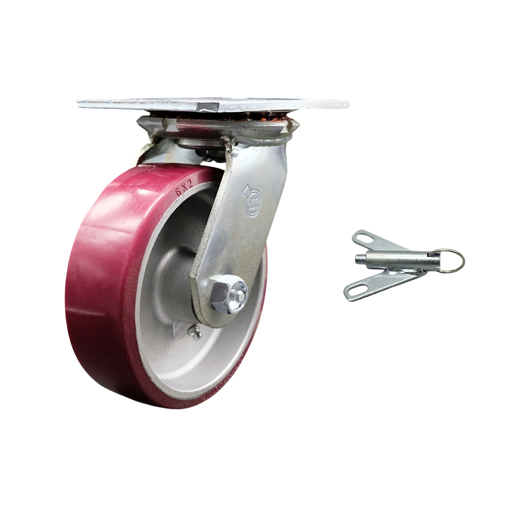 Heavy Duty Large Top Plate Polyurethane on Aluminum Swivel Caster w/Main. Free Bearings and 6" x 2" Maroon Wheel & Bolt on Swivel Lock - 1200 lbs Capacity/Caster - Service Caster Brand — photo 1