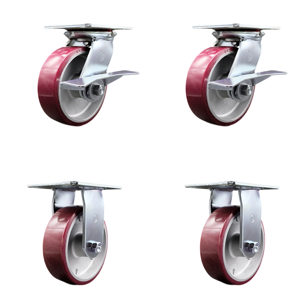 Heavy Duty Large Top Plate Polyurethane on Aluminum Swivel Caster w/Main. Free Bearings Set of 4 w/6" x 2" Maroon Wheels - Includes 2 Swivel with Brakes & 2 Rigid - Service Caster Brand — photo 1