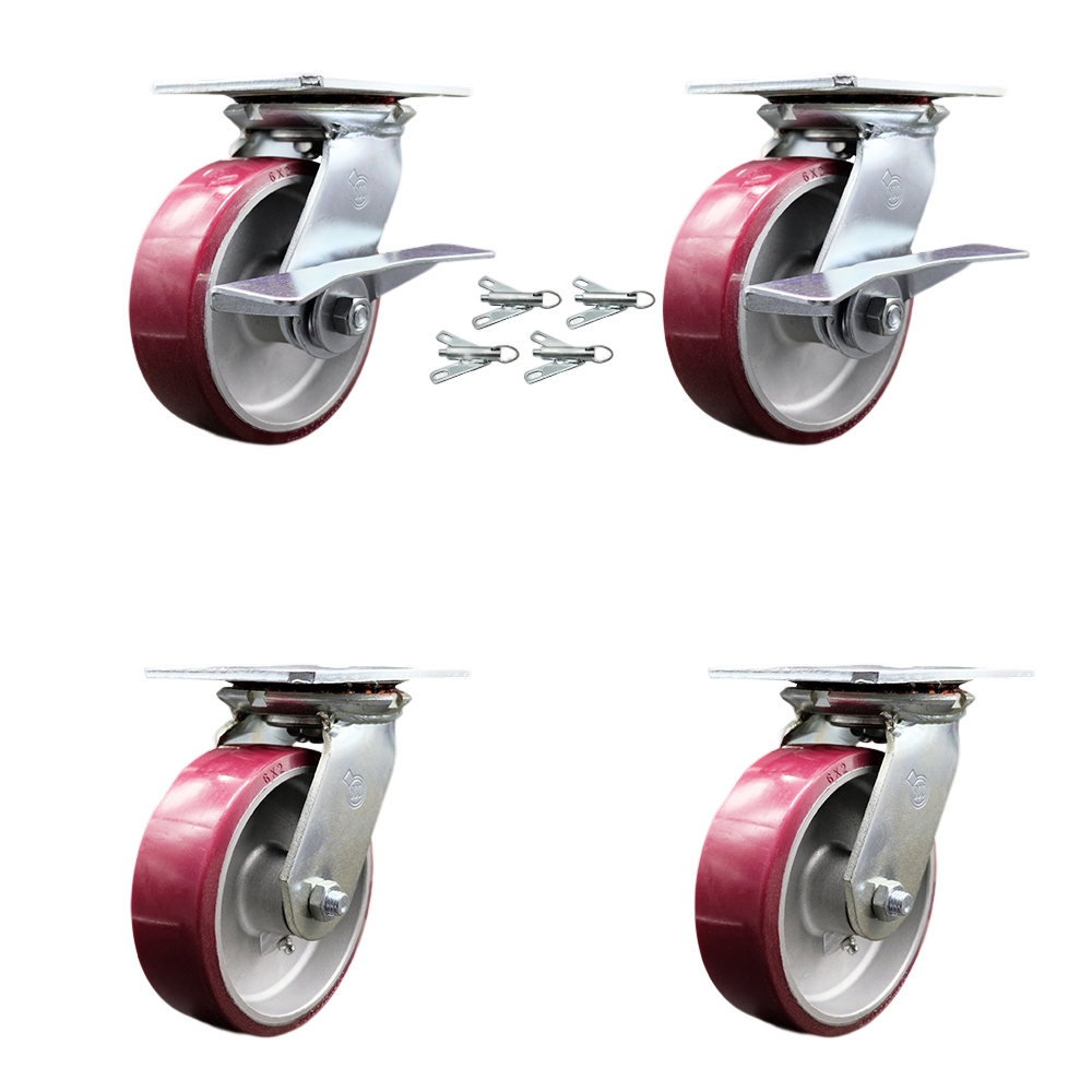Heavy Duty Large Top Plate Poly on Aluminum Swvl Caster Set 4 w/6" x 2" Maroon Wheels-Includes 2 Swvl w/BRKs and Bolt on Swvl Lcks&2 Swvl w/Bolt on Swvl Lcks-4800 lbs Total Cpty - Service Caster Brand — photo 1