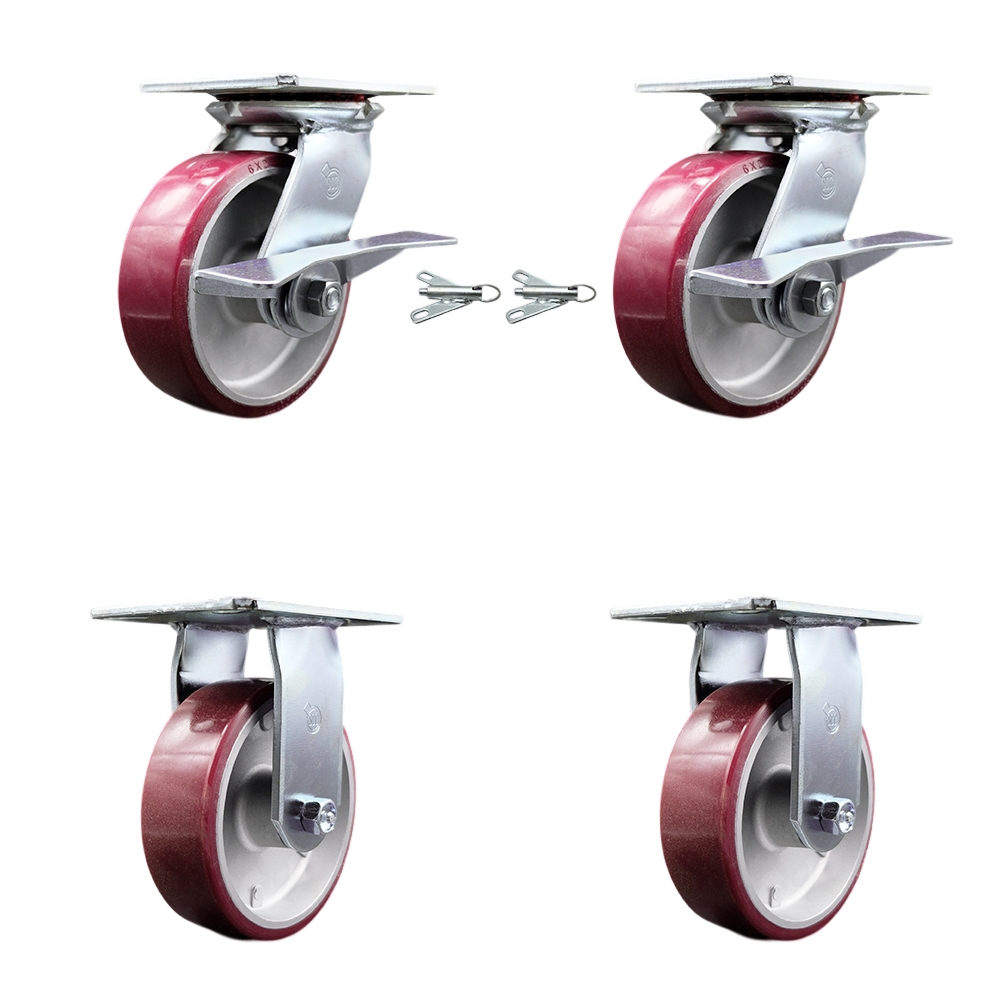 Heavy Duty Large Top Plate Polyurethane on Aluminum Swivel Caster Set of 4 w/6" x 2" Maroon Wheels-Includes 2 Swvl with Brakes and Bolt on Swvl Lcks& 2 Rigid-4800 lbs Total Cpty - Service Caster Brand — photo 1