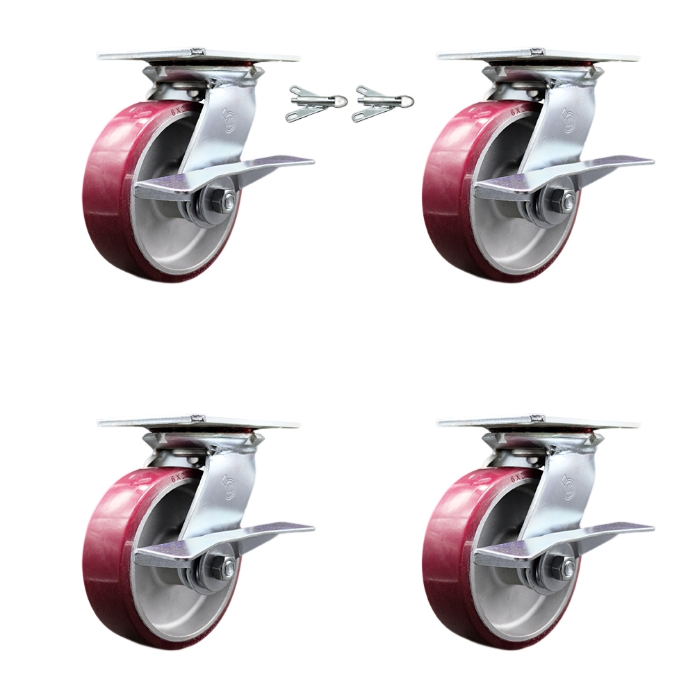 Heavy Duty Large Top Plate Poly on Aluminum Swivel Caster w/Main. Free Bearings Set 4 w/6" x 2" Maroon Wheels-Includes 2 Swivel with Brakes and Bolt on Swvl Lck&2 Swvl with BRKs - Service Caster Brand — photo 1