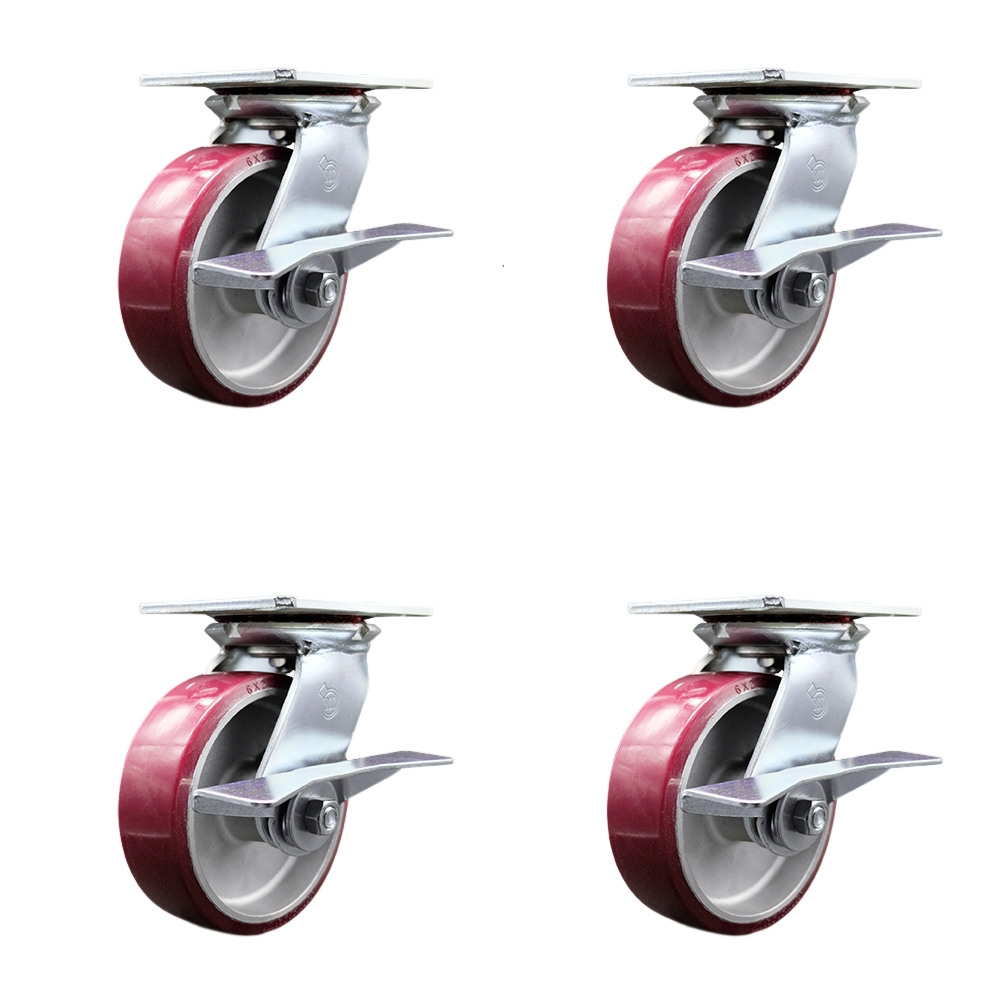 Heavy Duty Large Top Plate Polyurethane on Aluminum Swivel Caster Set of 4 w/6" x 2" Maroon Wheels - Includes 4 Swivel w/Side Lck Brakes & Bolt on Swivel Lcks-4800lbs Total Cpty - Service Caster Brand — photo 1