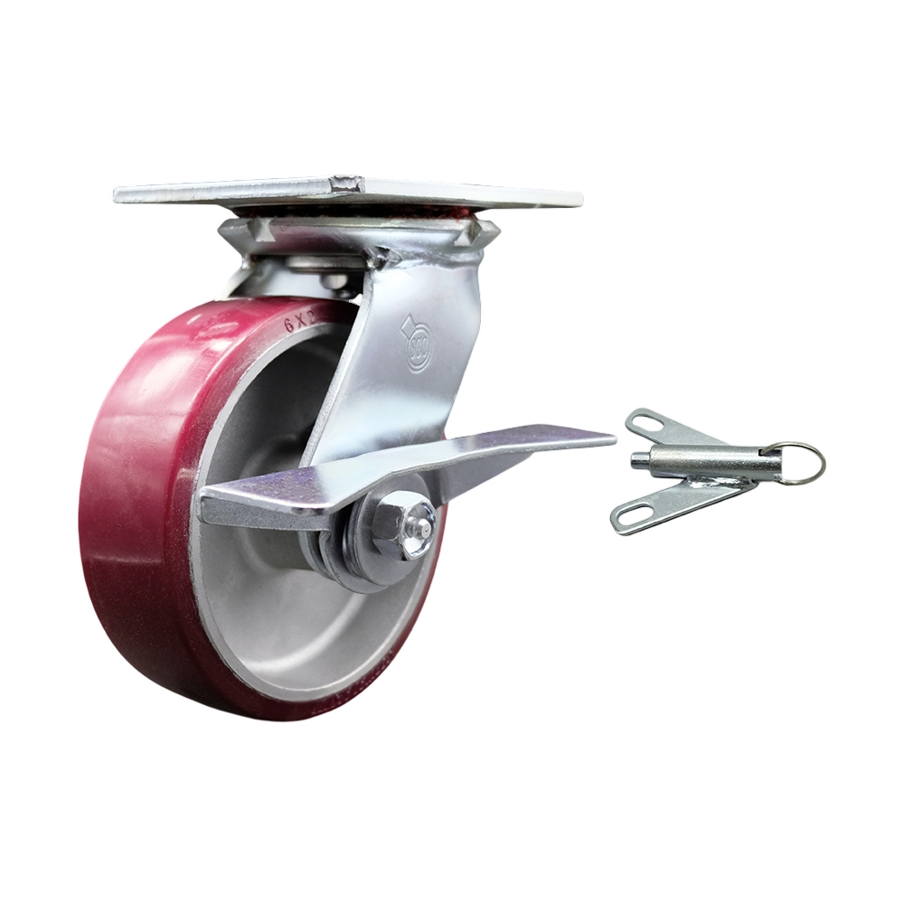 Heavy Duty Large Top Plate Polyurethane on Aluminum Swivel Caster w/6" x 2" Maroon Wheel & Side Lck Brake and Bolt on Swivel Lock - 1200 lbs Capacity/Caster - Service Caster Brand — photo 1