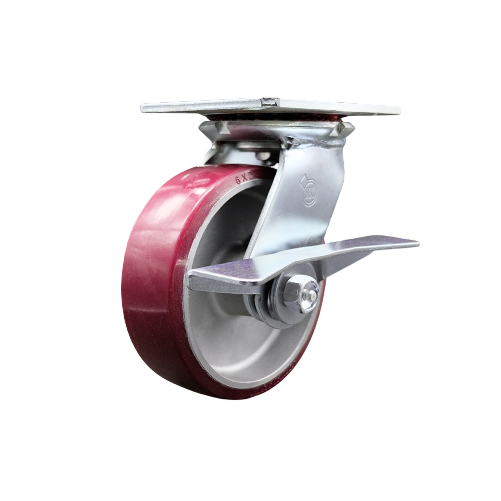 Heavy Duty Large Top Plate Polyurethane on Aluminum Swivel Caster w/Main. Free Bearings and 6" x 2" Maroon Wheel & Side Lck Brake - 1200 lbs Capacity/Caster - Service Caster Brand — photo 1