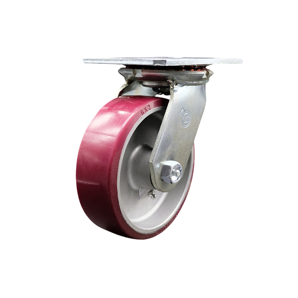 Heavy Duty Large Top Plate Polyurethane on Aluminum Swivel Caster w/Main. Free Bearings and 6" x 2" Maroon Wheel - 1200 lbs Capacity/Caster - Service Caster Brand — photo 1