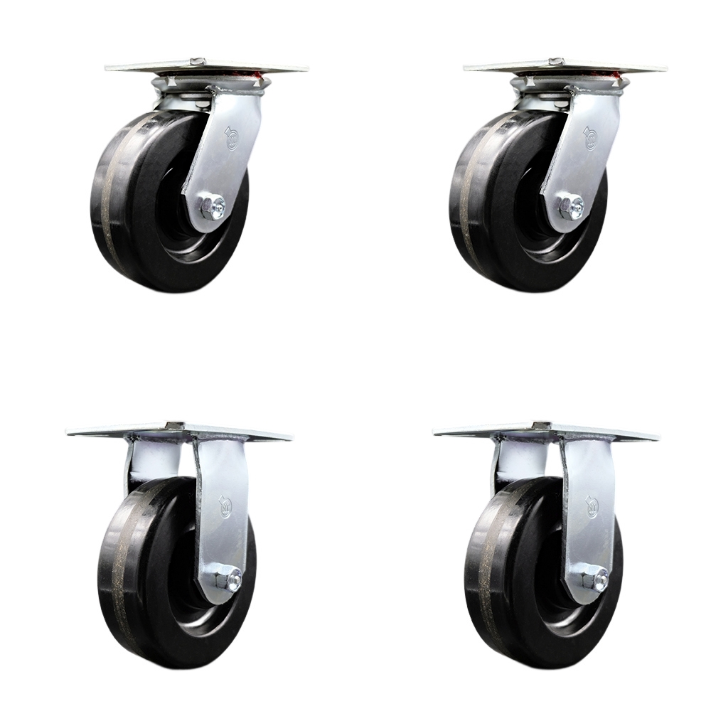 Heavy Duty Large Top Plate Phenolic Swivel Caster Set of 4 w/6" x 2" Black Wheels - Includes 2 Swivel & 2 Rigid - 4800 lbs Total Capacity - Service Caster Brand — photo 1