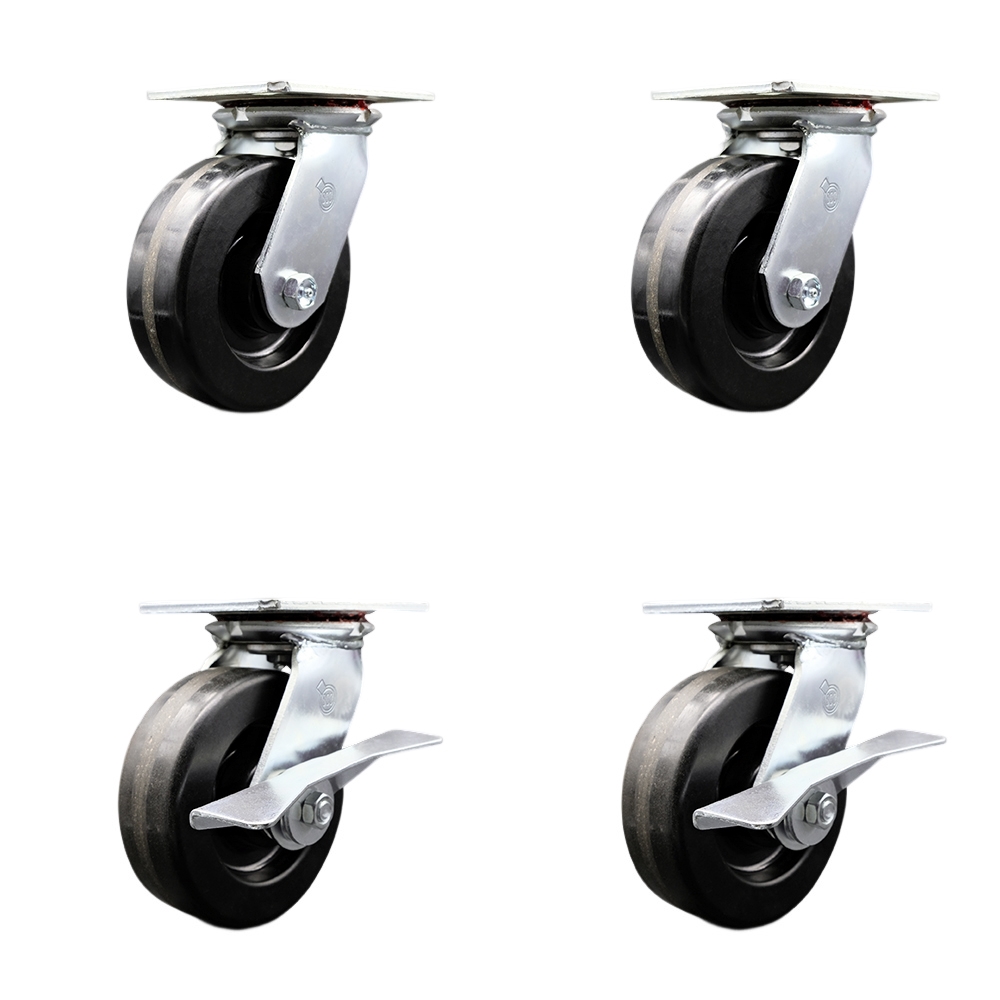 Heavy Duty Large Top Plate Phenolic Swivel Caster w/Main. Free Bearings Set of4 w/6" x 2" Black Wheels - Includes 2 Swivel with Brakes & 2 Swivel - 4800 lbs Total Capacity - Service Caster Brand — photo 1