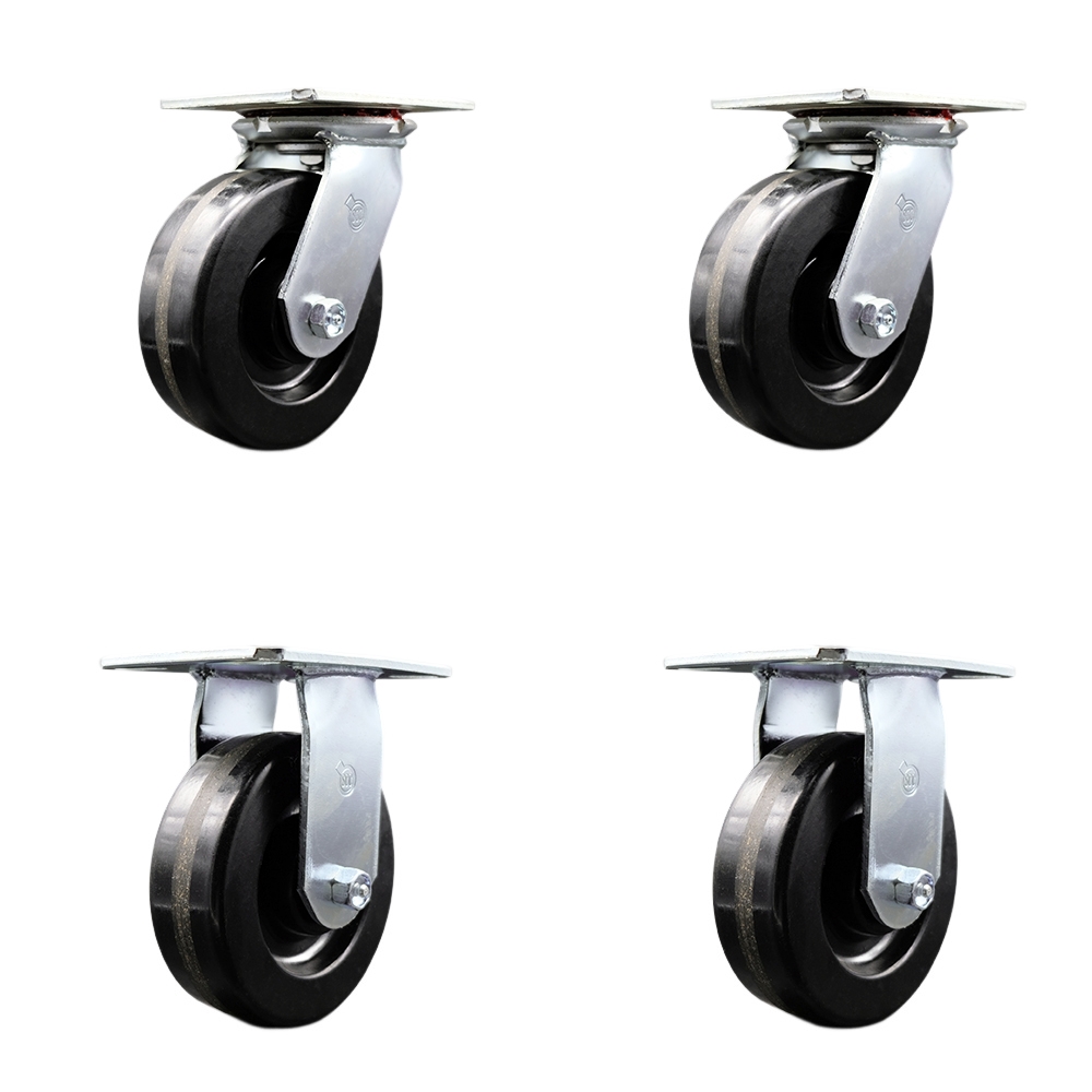 Heavy Duty Large Top Plate Phenolic Swivel Caster w/Main. Free Bearings Set of 4 w/6" x 2" Black Wheels-Includes 2 Swivel with Bolt on Swivel Lcks&2 Rigid-4800lbs Total Capacity - Service Caster Brand — photo 1