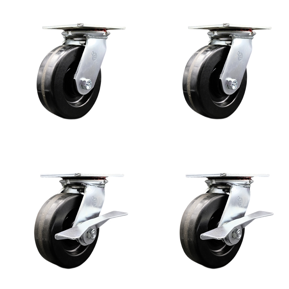Heavy Duty Large Top Plate Phenolic Swivel Caster w/Main. Free Bearings Set of 4 w/6" x 2" Black Wheels - Includes 2 Swivel with Bolt on Swivel Locks & 2 Swivel with Brakes - Service Caster Brand — photo 1